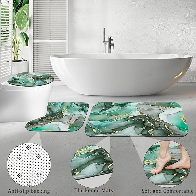 4PCS Emerald Green Marble Bathroom Sets with Shower Curtain and Rugs, Abstract Shower Curtain Sets with Rugs, Gold Bathroom Curtains Shower Set with Toilet Lid Cover Accessories