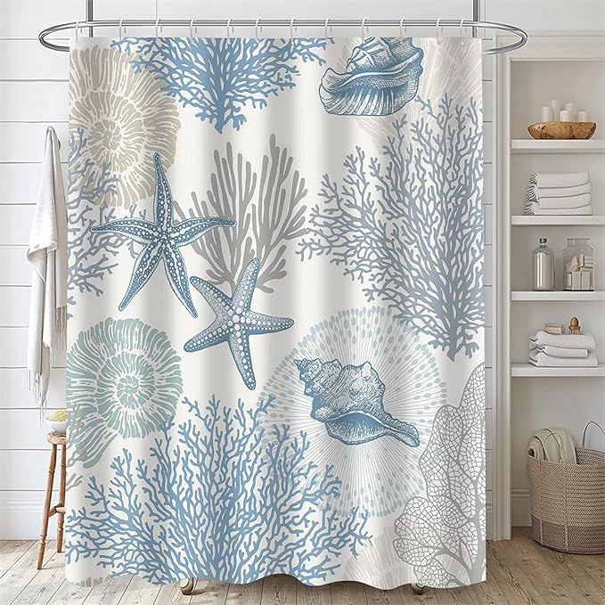 Nkzply 4 Pcs Beach Shower Curtain Set Blue Starfish Bathroom Sets with Shower Curtain and Rugs Ocean Seashell Coral Bathroom Decor Accessories Nautical Bathroom Rug Set Toilet Lid Cover 12 Hooks