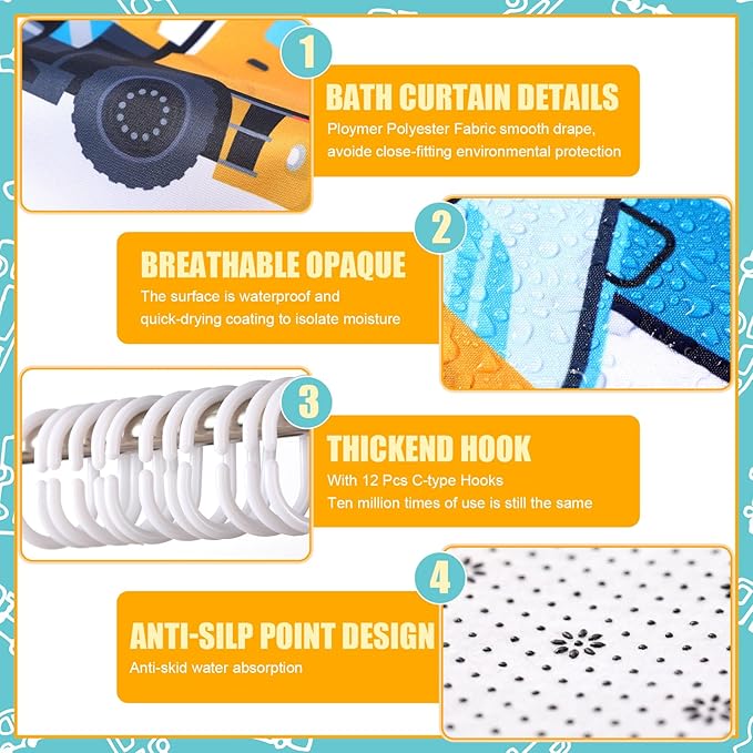 Nuanchu 6 Pcs Construction Shower Curtain Set with Rug Bathroom Sets with Shower Curtain Bath Mat U Shaped Mat Toilet Lid Cover 2 Bath Towels and 12 Hooks Excavator Tractor Bathroom Decor
