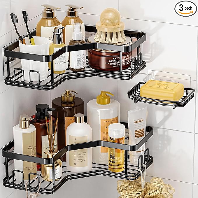 MAXIFFE 3 Pack Corner Shower Caddy with Soap Holder, Large Capacity Sturdy Easy Install No Drilling Stainless Steel Hold 40 LBS Shower Organizer Shelves Rack Storage for Family Renters Bathroom, Black