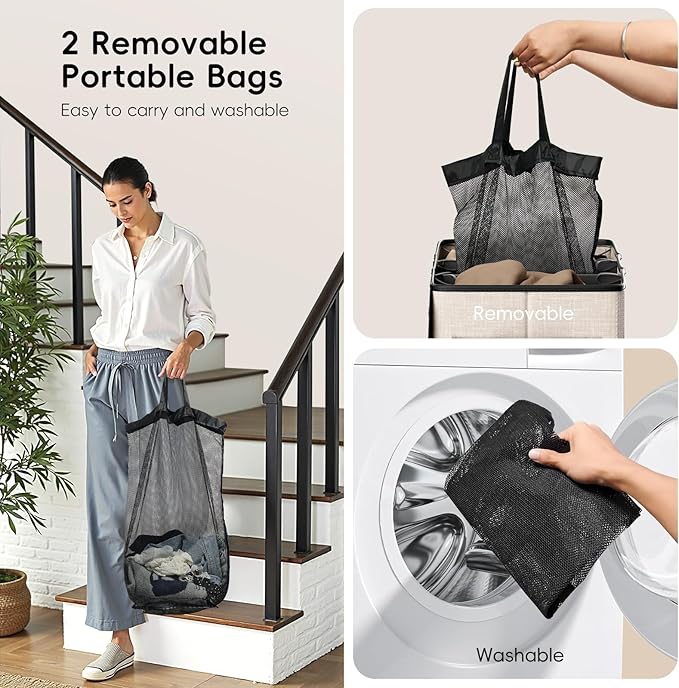 150L Double Laundry Hamper With Lid, Large Clothes Hampers with Removable Bag, Laundry Hamper 2 Section for Bathroom, Bedroom, Laundry Room, Dorm, Beige