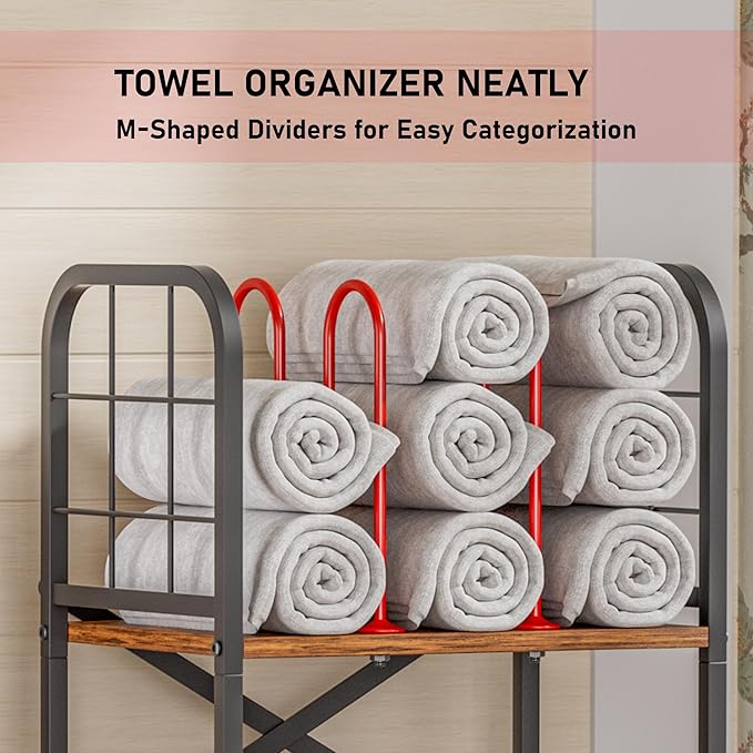 GIOTORENT Bathroom Towel Storage, 3-Tier Free Standing Towel Rack with M-Shaped Dividers, Wooden Towel Organizer for Bathroom, Towels Stand for Home and Pool, Black and Rustic