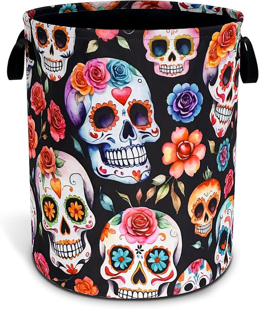 Sugar Skull Laundry Basket Skeleton Foldable Waterproof Oxford Cloth Funny Tote Bag Laundry Hamper Clothes Storage Bucket Toy Organizer For Bathroom/Laundry Storage/Bedroom 18.9x16.5 Inch