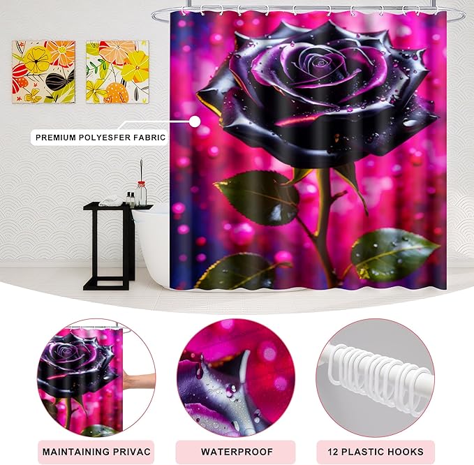 Poedist 4 Pcs Bathroom Shower Curtain Set,Bathroom Set, Rose Shower Curtain Sets with Rugs(Bath Mat,U Shape and Toilet Lid Cover Mat) and 12 Hooks