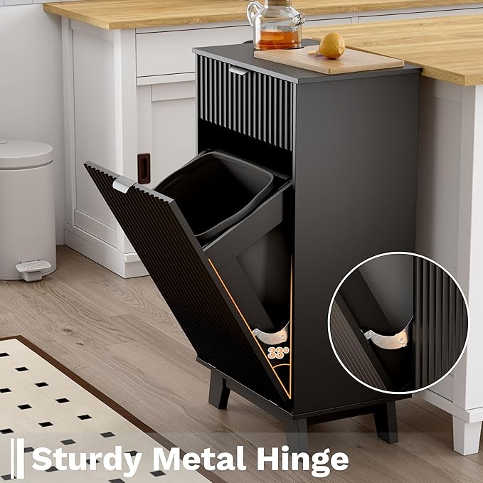 Double Tilt Out Laundry Hamper Cabinet, 20 Gallon Wooden Trash Can Cabinet with Storage Drawers, Hidden Fluted Garbage Can Holder for Kitchen, Living Room (Black, 20.47" W x 35.83" H x 13" D)