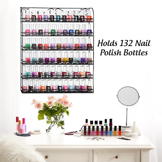 AMT 6 Tier Metal Nail Polish Racks for The Wall, Up to 132 Bottles, Clear Quality Nail Polish Display, Essential Oils Organizer (132 Bottles or 60 Jars - Black)