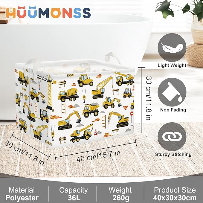 Cars Laundry Hamper Cartoon Vehicle Large Storage Basket Collapsible Parents Organizer Boy Toy Clothes Bins for Bedroom, Bathroom, Engineering, 36L