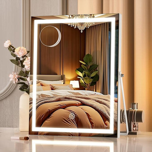MINISO Vanity Mirror with Lights, 10.6" x 13.8" LED Makeup Mirror, Light & Brightness Adjustment, Smart Sensor, Aluminum Alloy Metal White Frame, with 5X Magnifying Glass