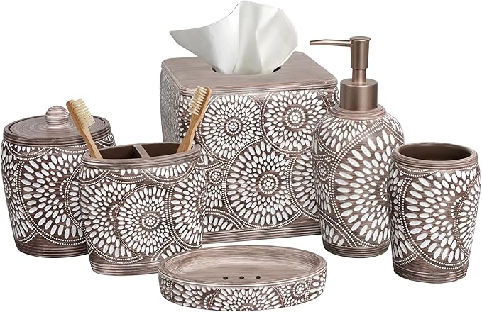 Decozen Bathroom Accessories 6Pcs Set, Soap Dispenser, Toothbrush Holders, Tumbler, Soap Dish & Cotton Swab Jar – Modern Bathroom Decor, Modern Farmhouse Decor, Countertop Accessories, Ciccone