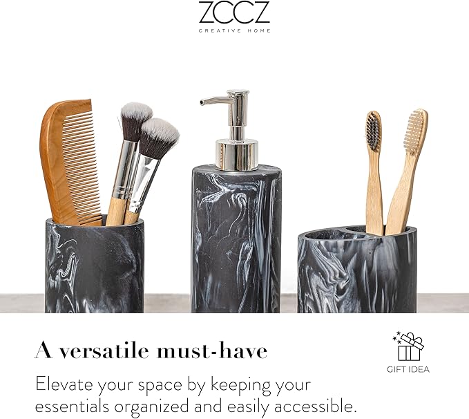 ZCCZ Bathroom Accessories Set, 4-Piece Marble Pattern with Soap Dispenser, Toothbrush Holder, Tumbler, and Soap Dish for Modern Bath Décor, Elegant and Durable Design for Home or Office Bathrooms