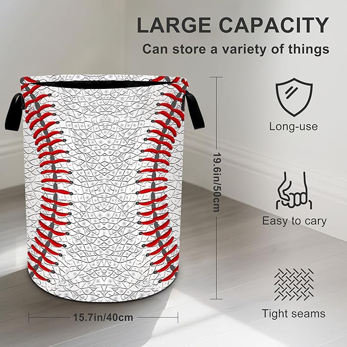 Baseball Laundry Basket Storage Bin Foldable Laundry Hamper Clothes Storage Bucket Organizer 19.6x15.7 Inch For Laundry Room/Bedroom/Bathroom