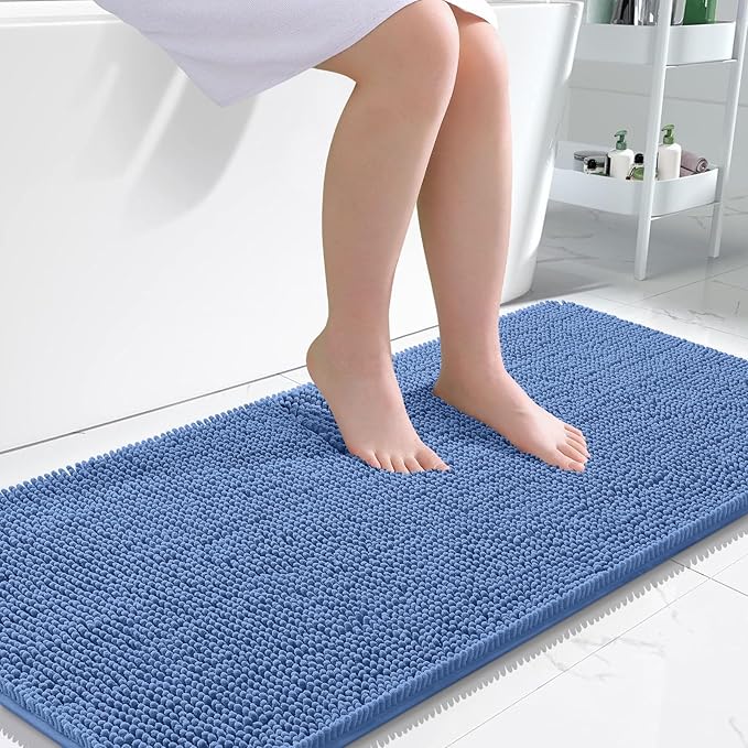 OLANLY Bathroom Rugs 47x24, Extra Soft Absorbent Chenille Bath Rugs, Rubber Backing Quick Dry, Machine Washable Bath Mats for Bathroom Floor, Tub and Shower, Home Decor Accessories, Cornflower Blue