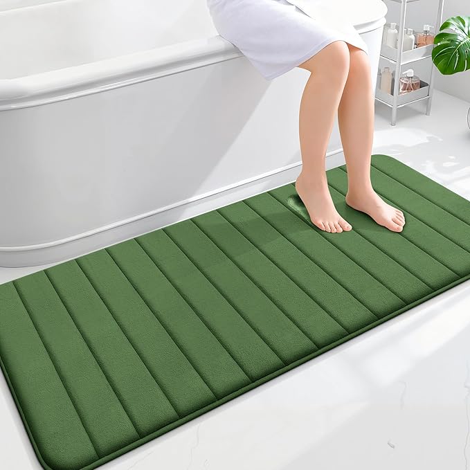 OLANLY Memory Foam Long Bathroom Rugs Runner 59x24, Super Soft Absorbent Bath Mat, Quick Dry, Machine Washable Shower Floor Rugs, Bathmat Carpet, Bathroom Home Decor Accessories, Olive Green