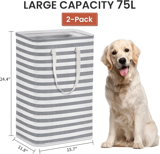 WOWBOX 75L [2 Pack] Laundry Baskets, Freestanding Laundry Hamper with Long Reinforced Handles, Large Waterproof Clothes Hamper Organizer, Collapsible Lightweight Hampers for Laundry, Clothes,Toys,Grey