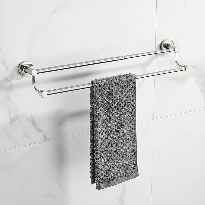 Adjustable Double Towel Racks for Bathroom 15 to 26.5 Inch Towel Bar, Expandable Brushed Nickel Double Bath Towel Holder, Wall Mount with Screws Towel Bar Rod