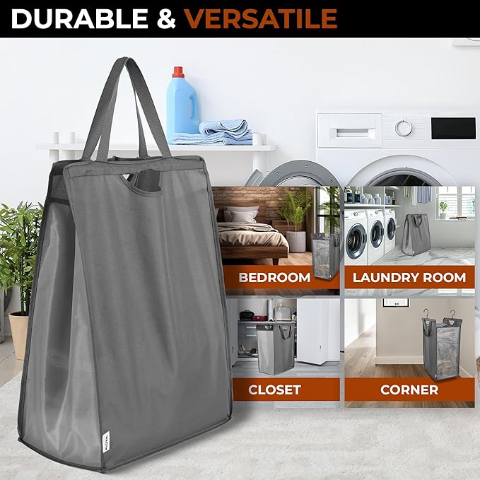 ALCOVA 2 Pack Hanging Laundry Hamper, Space-Saving Mesh Hanging Laundry Bag with Dual Handles & Sturdy Hooks, Portable Hanging Hamper for Family, College Students, Small Closet Solutions