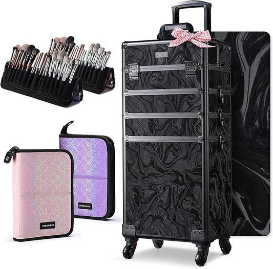 BYOOTIQUE 4in1 Rolling Makeup Case with 2 Foldable Makeup Brush Bags, Professional Cosmetic Train Case for Makeup Artist, Travel & Beauty Salon