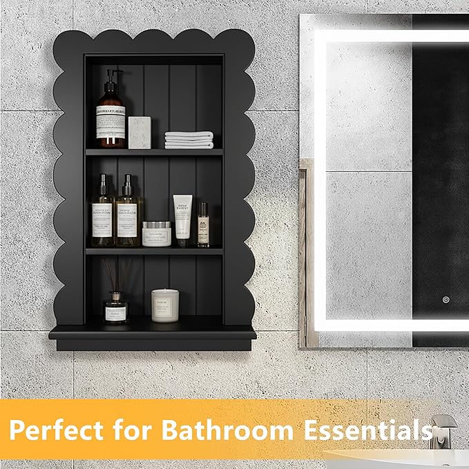 Royxen 14"x18" Recessed Medicine Cabinet, 2-Tier Wooden Bathroom Wall Cabinets Without Mirror,Scalloped Large Medicine Cabinet Niche for Bathroom Storage Organizer (Black, 18 x 24 Inch)