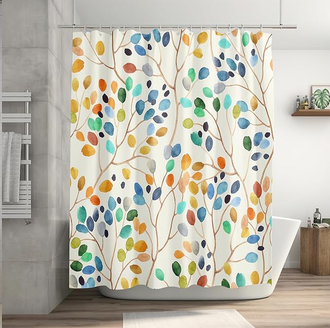Colorful Leaves Shower Curtains 72x72 Inch, Waterproof Fabric Watercolor Floral Stylish Bathroom Shower Curtain with Hooks