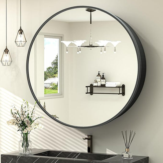 TokeShimi 30x30 Black Medicine Cabinet for Bathroom, Round Medicine Cabinet with Mirror Shatterproof, Removable Shelf, Surface Mount Only