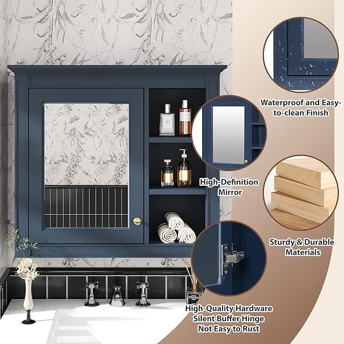 Merax Bathroom Medicine Cabinet with Mirror, Wall Mounted Medicine Cabinet with Single Door and Shelves, Over The Toilet Mirrored Bathroom Storage Wall Cabinet (Blue, 30")