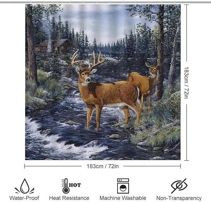 Oil Painting Cabin Wildlife 4 Piece Shower Curtain Sets, Non-Slip Rugs, Toilet Lid Cover and Bath Mat, Durable and Waterproof, for Bathroom Decor Set One Size