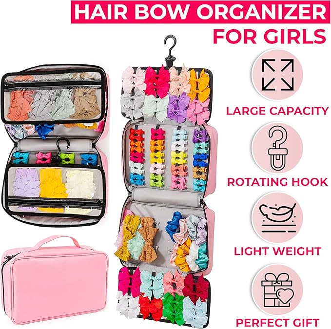 2 in 1 Newly Designed Headband & Hair Bow Organizer for Girls Display Bag - Large Capacity Girls Hair Accessories Organizer, Holds Hair Clips, and Hair tie with a Rotating Hook, Travel-Friendly.