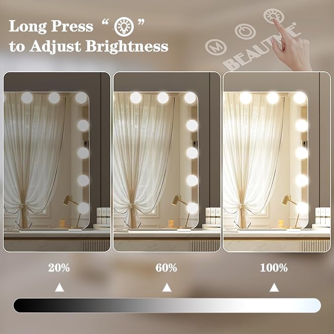 BEAUTME Large Vanity Mirror with Lights, 36''×24'' Makeup Mirror, Light up Mirror with 16 Dimmable LED Lights and 10X Magnification, 3 Lighting Modes, Touch Control