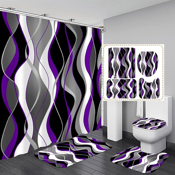 Nkzply 4 Pcs Purple Shower Curtain Black Bathroom Sets with Shower Curtain and Rugs Grey Modern Striped Shower Curtain Set White Bathroom Rugs Set Bathroom Decor and Accessories Toilet Lid Cover Hooks