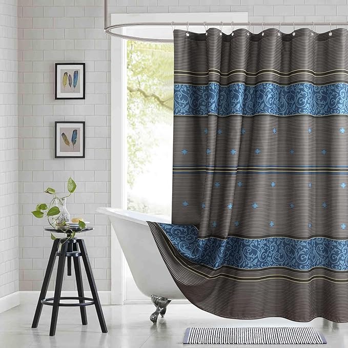 Extra Long Fabric Shower Curtain, Brown and Blue Print Waterproof Shower Curtains for Bathroom, 72" W x 84" H