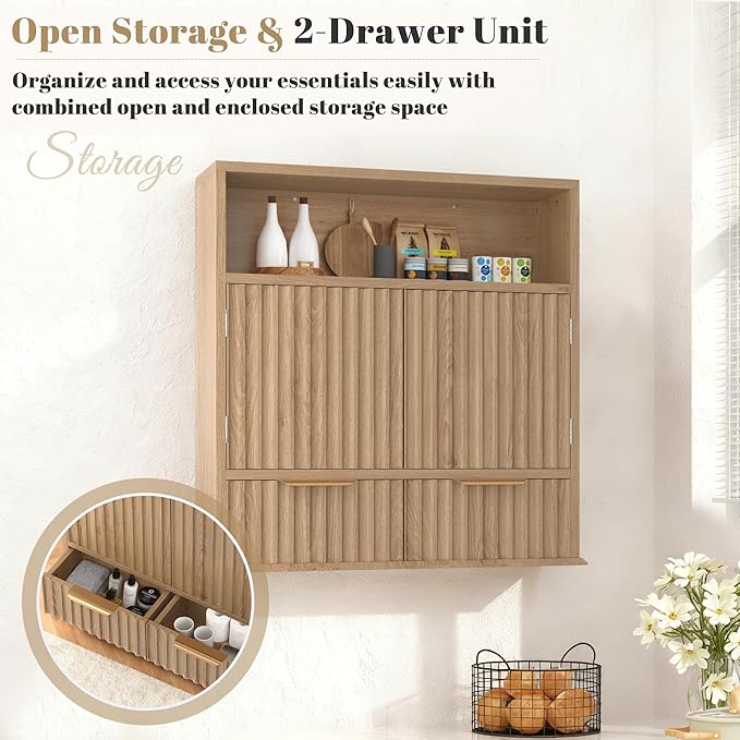 Fluted Bathroom Wall Cabinet with Drawers, Wooden Medicine Cabinet Organizer Over The Toilet, Wall Mounted Storage Cabinet with Open Shelf for Bathroom, Kitchen, and Laundry Room (Walnut)