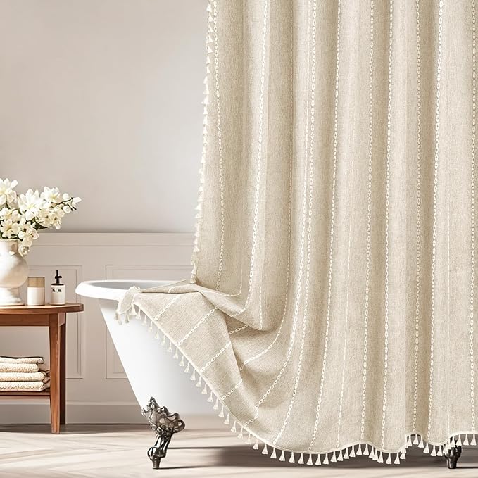 Boho Farmhouse Beige Linen Textured Shower Curtain, 72 x 84 Inch Extra Long Soft Fabric Shower Curtain Heavyweight with Tassels, Cream White Striped Bathroom Décor Curtain Water Repellent