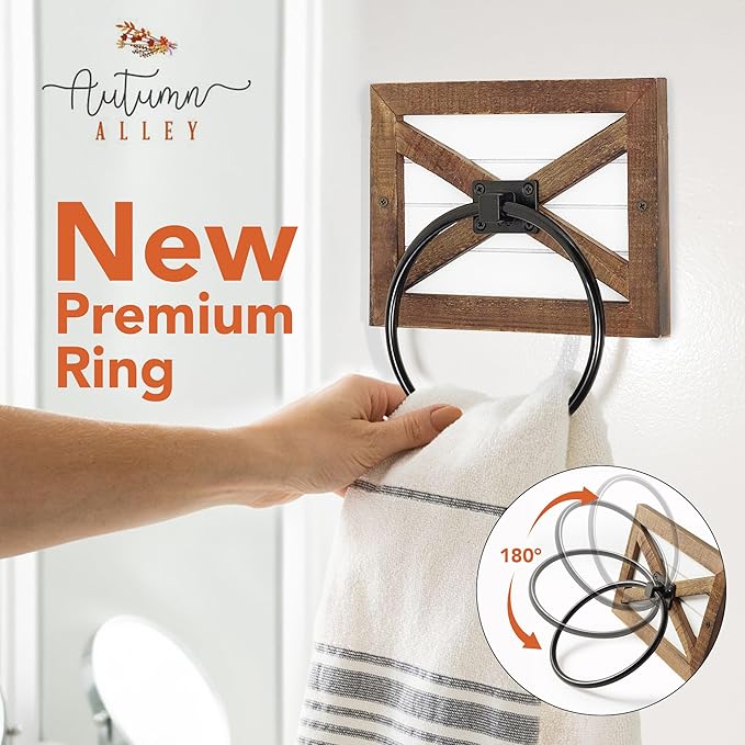 Autumn Alley Farmhouse Decor Hand Towel Ring for Bathroom - Coastal Towel Holder/Rack, Wall Mounted, Mix of Wood, Unique Shiplap & Black Ring