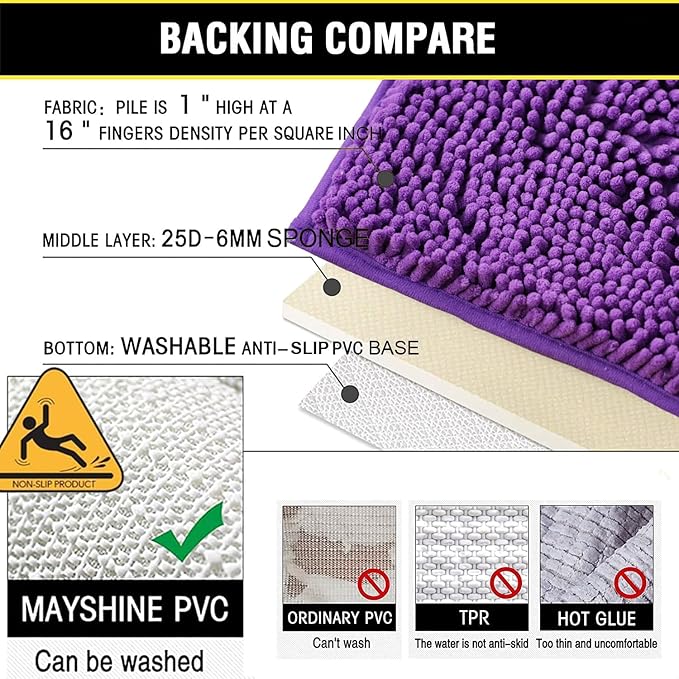 Bathroom Rugs Sets 2 Piece, Extra Soft Chenille Bath Mat Ultra Absorbent Bathroom Rug, Bathroom Mat with Sturdy PVC Non-Slip Bottom, Machine Washable Bath Rugs (20x32 Inch + 16x24 Inch, Purple)