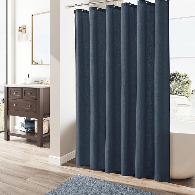 Naturoom Denim Blue 36 Inch Shower Curtain - Stall Narrow Half Linen Ultra Thick Fabric Shower Curtain Set with Hooks, Boho Farmhouse Rustic RV Camper Bath Curtains for Bathroom, 36x72