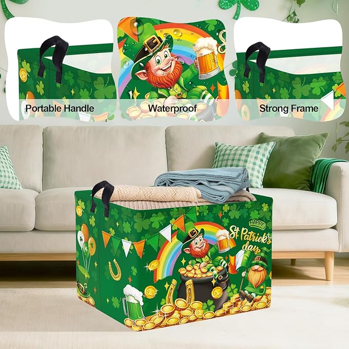 Clastyle Saint Patrick's Day Storage Basket Four Leaf Clover Clothes Book Toy Shelf Basket Kid Room Decor Gift Storage Bin Organizer,Leprechaun,40x30x30 cm