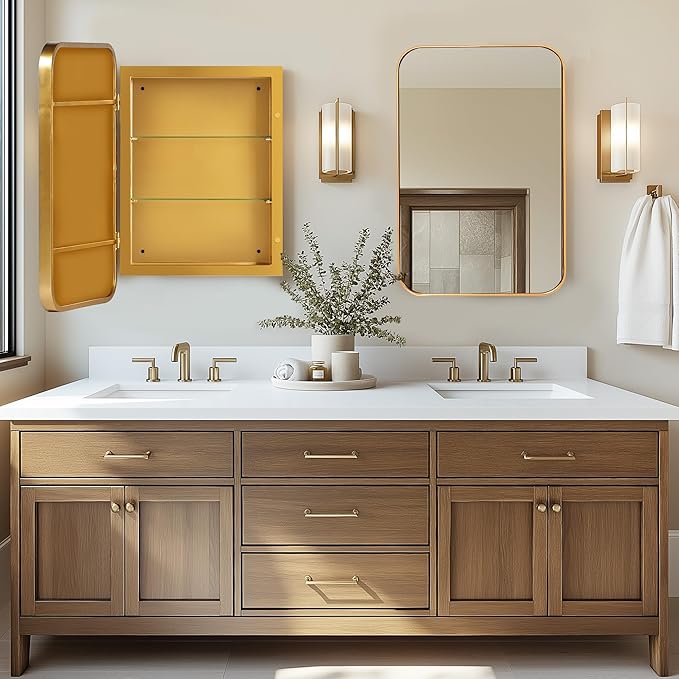 DlandHome Bathroom Medicine Cabinet with Mirror, 24”x16” Recessed Medicine Cabinet for Bathroom with Beveled Edge Mirror, Wall Mounted Deep Set Alumiunm Frame,Golden