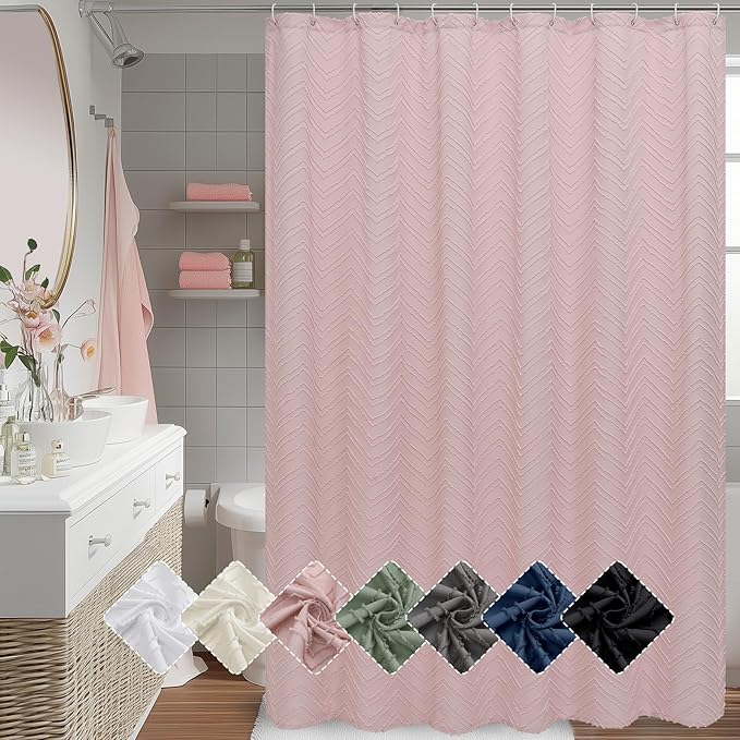 OVZME Long Blush Pink Shower Curtain for Bathroom 84 Inch Length, Farmhouse Tufted Chevron Striped Textured Modern Boho Soft Fabric Bathroom Shower Curtain, 72Wx84L Inches