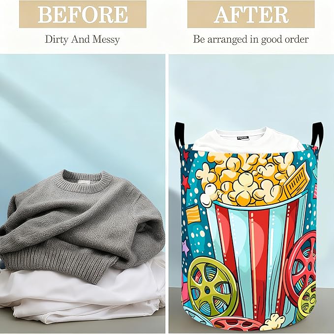 Popcorn Movie Night Laundry Basket Hamper for Boys Girls Kids Adults, Foldable Waterproof Oxford Clothes Storage Bin, Cinema Organizer for Bedroom Bathroom Room Decor 19.7"x15.8"