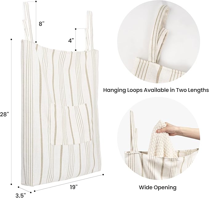 AELS Farmhouse Hanging Laundry Hamper with 2 Hooks, Boho Beige & Light Brown Stripes Laundry Bag with Zipper & Wide Open Top, Over the Door Organizer for Dirty Clothes, Washable Space Saving Storage