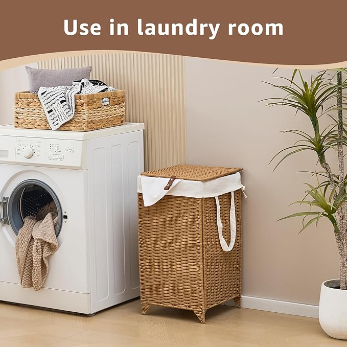 Handwoven Laundry Hamper with Lid, Natural Hyacinth Heightened Feet Laundry Basket, Wicker Clothes Hamper with Removable Liner Bag (Wicker, 65L)