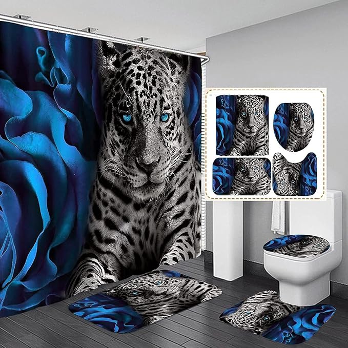 jieprom 4 Piece Blue Rose and Leopard Print Shower Curtain Set with Rugs - Luxury Floral & Cheetah Bathroom Decor - Waterproof Fabric Curtain, Non-Slip Bath Mat, U-Shaped Rug & Toilet Lid Cover
