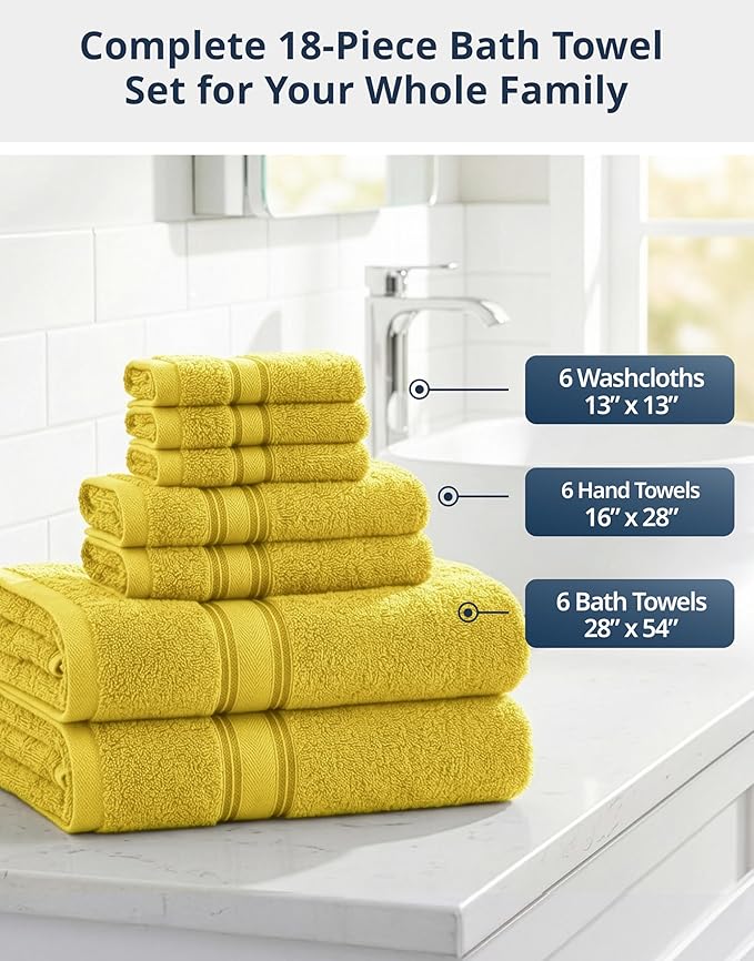 LANE LINEN 18 Pc Luxury Bath Towels Set – Ultra Soft 100% Mercerized Cotton, 6 Bath, 6 Hand Towel & 6 Wash Cloth, Zero Twist, Quick-Dry, Long-Lasting Comfort & Hotel Quality, Machine Washable – Mimosa