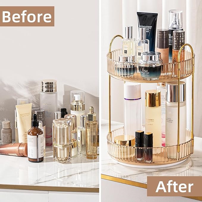 Makeup Organizer for Vanity, 360° Rotating Bathroom Organizer Countertop, High-Capacity Skincare Organizer, Spinning Cosmetics Organizer for Dresser Countertop (2 Tiers, Amber)