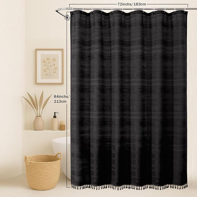 OVZME Extra Long Boho Stripe Shower Curtain 84 Inch Long, Modern Farmhouse Heavy Duty Linen Textured Soft Fabric, Rustic Country Cloth Shower Curtain with Tassel for Bathroom Hotel, 72Wx84L, Black