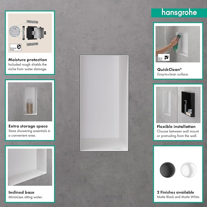 hansgrohe XtraStoris Minimalistic Recessed Wall Niche with Open Frame 12"x 6"x 4" in Matte White, 56070700