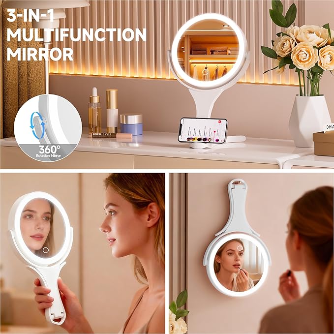 Hasipu Portable Travel Makeup Mirror with Lights – 360° Rotating with 1X/10X Magnifying, Rechargeable Tabletop Handhold Hanging 3 in 1 Mirror (White)