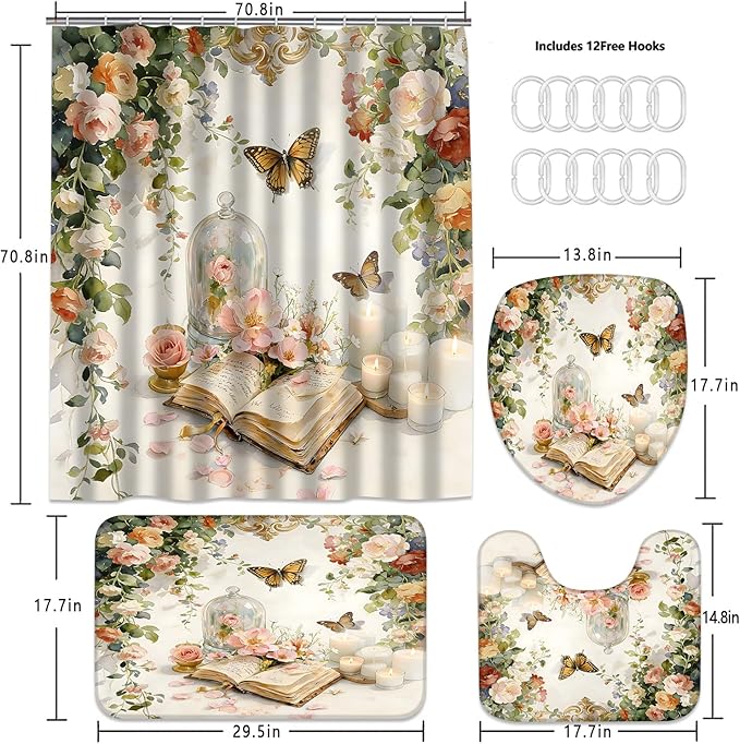 Yizheer Luxury 4Pcs Book Flower Butterfly Shower Curtain Set, Flower Pattern Castle Waterproof Bathroom Decor Kit (Shower Curtain + Bath Rugs + Toilet Lid Cover + Hooks), Elegant Curtain for Bathroom