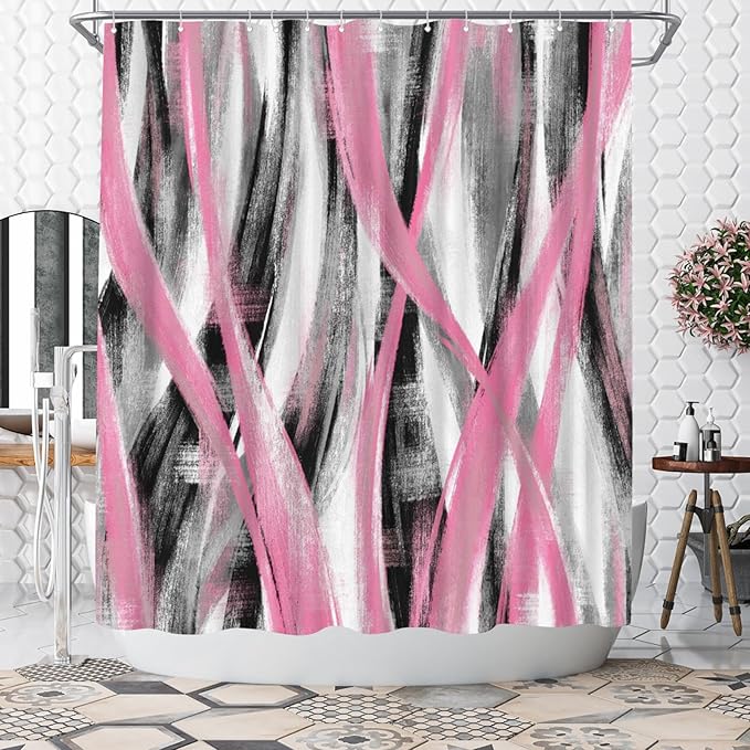 WELMECO Geometric Shower Curtain Modern Abstract Shower Curtain Bathroom Decor Polyester Fabric, 72x72inch (Pink and Grey)