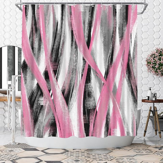 WELMECO Geometric Shower Curtain Modern Abstract Shower Curtain Bathroom Decor Polyester Fabric, 72x72inch (Pink and Grey)